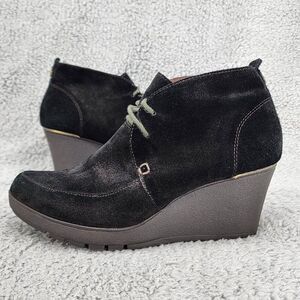 Donald Pliner Women's Wedge Ankle Boots Sz 7.5 Black Suede Lace Up Y2K Chunky